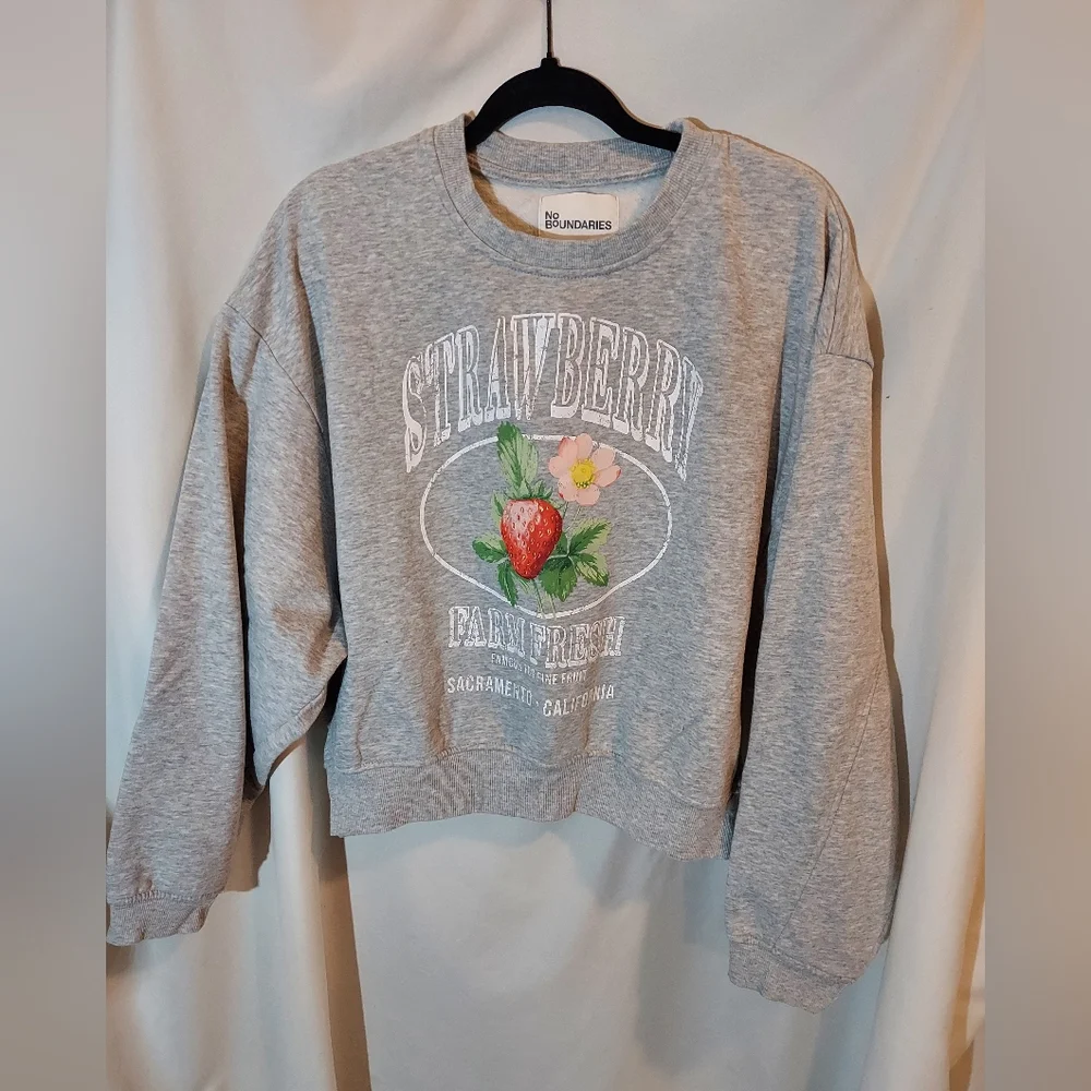 No Boundaries Heather Gray Boxy Cropped Strawberry Graphic Sweatshirt - Picture 1 of 7